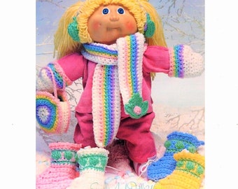 Vintage Crochet Pattern 16" Soft Sculpture Doll Winter Rainbow 5 Piece Accessories Set PDF Instant Digital Download Cabbage Patch Kids 4 Ply