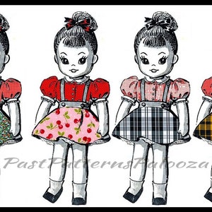 May include: Four illustrations of dolls wearing red shirts with white collars and suspenders. Each doll has a different skirt: one with a floral print, one with a cherry print, one with a black and white plaid print, and one with a yellow and black plaid print.
