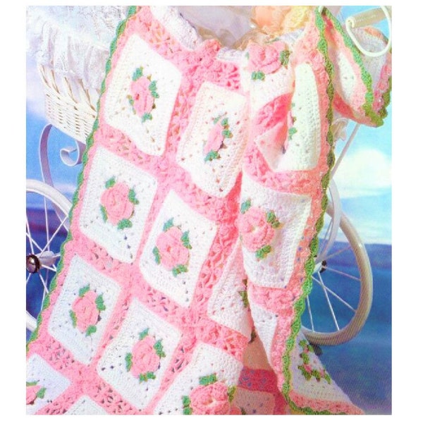 Vintage Crochet Pattern Pretty Rosebud Granny Square Baby Afghan Blanket PDF Instant Digital Download DK 8 Ply