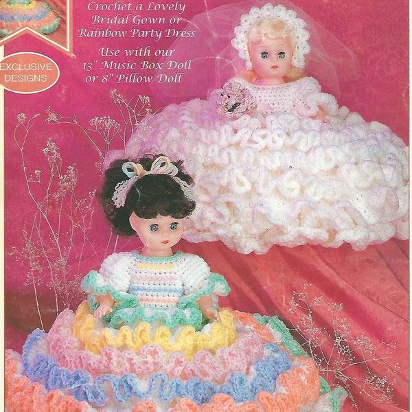 Vintage Crochet Pattern Rainbow Party Dress Wedding Dress Bed Doll Music Box Pillow Doll Outfits  13 Inch Dolls PDF Instant Digital Download
