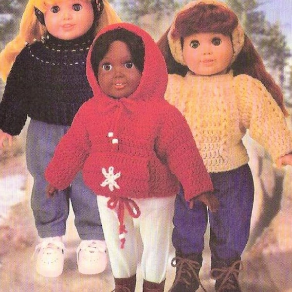 Vintage Crochet Pattern 18 Inch Dolls Knit Sweaters Hoodie Headbands Sets PDF Instant Digital Download Ribbed Cable Hooded Sweaters 4 Ply