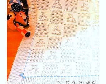 Vintage Filet Crochet Pattern Baby Bear Blocks and Bows Blanket Afghan PDF Instant Digital Download Teddy Bears Motif Cotton Thread