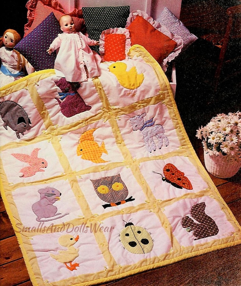 Vintage Sewing Pattern Gingham Animals Baby Quilt Quick and Easy Quilted Applique Crib Blanket PDF Instant Digital Download Patchwork Blocks image 1