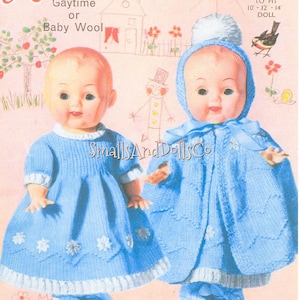 Vintage Knitting Pattern Pretty Baby Doll Outfit Clothes For 10 12 14 Inch Dolls PDF Instant Download Dress Cape Hat Booties 3 Ply