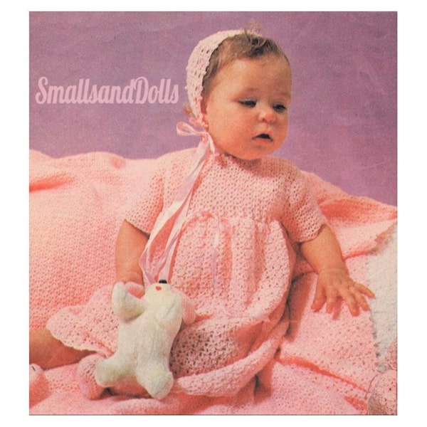 Vintage Crochet Pattern Pretty Baby Girl 5 Piece Lacy Layette Set PDF Instant Digital Download Dress Bonnet Booties Coat Shawl 0-6m 3 Ply