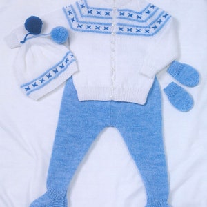 Vintage Knitting Pattern Baby Boy Jacket Leggings Hat Mitts Set PDF Instant Digital Download Embroidered Yoke 0 - 2 Years DK 8 Ply