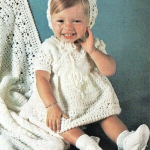 Vintage 60s Crochet Pattern Baby Crocheted Shawl Dress & Bonnet Set PDF Instant Digital Download Lacy Daisy Design Christening Baptism 0-9m image 2