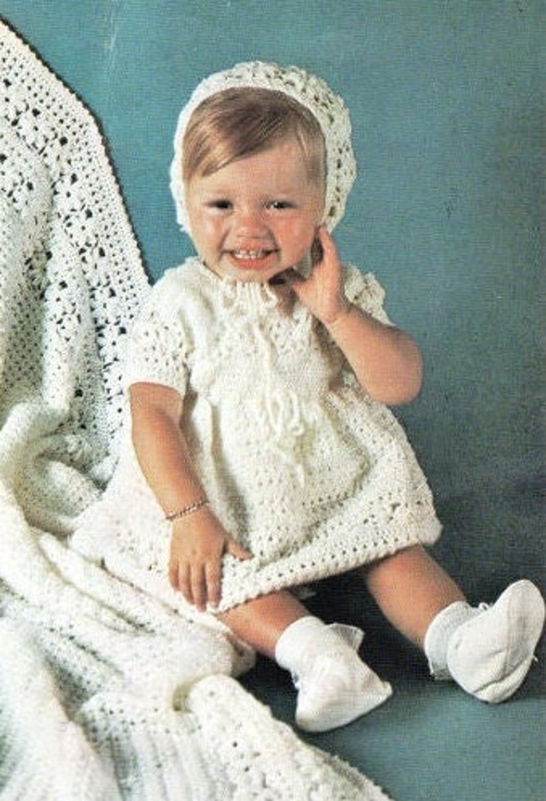 Vintage 60s Crochet Pattern Baby Crocheted Shawl Dress & Bonnet Set PDF Instant Digital Download Lacy Daisy Design Christening Baptism 0-9m image 2
