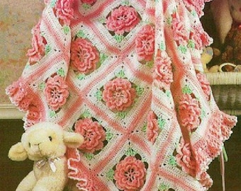 Vintage Crochet Pattern Pretty Ruffles & Roses Baby Afghan Granny Square Flower Motif Blanket PDF Instant Digital Download 5 Ply