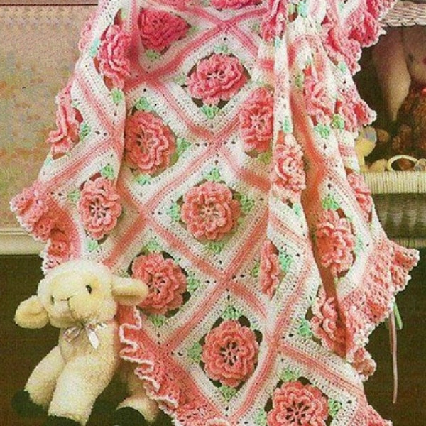 Vintage Crochet Pattern Pretty Ruffles & Roses Baby Afghan Granny Square Flower Motif Blanket PDF Instant Digital Download 5 Ply