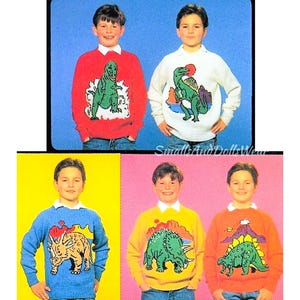 Vintage breipatroon jongens tot heren gebreide dinosaurustruien PDF Instant digitale download Intarsia-trui truien 4 jaar en ouder 4 laags