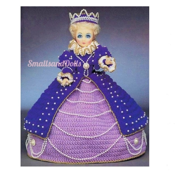 Vintage Bed Doll 15" Crochet Pattern Queen of Pearls Fashion Doll PDF Instant Digital Download Royal Gown Crown 10 Ply