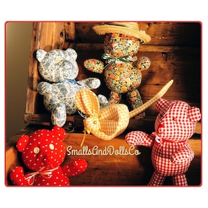 Vintage Sewing Pattern 12" Soft Sculpture Teddy Bears and A Mouse Toy Dolls Calico Gingham Chintz Fabric PDF Instant Digital Download