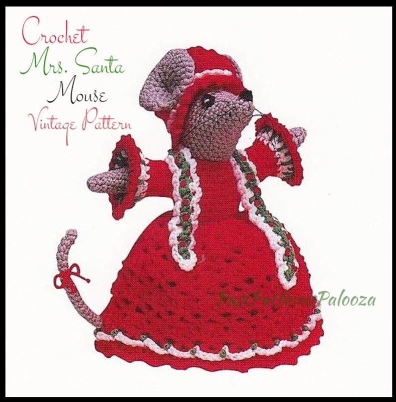 Vintage Crochet Pattern 11 Christmas Mouse Mrs Santa Claus Amigurumi Soft Toy Doll PDF Instant Download Plush Mouse 4 Ply image 1