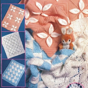 Padrões de tricô vintage Diamantes e folhas Cobertor de bebê Capas de carrinho de bebê 3 designs PDF Download digital instantâneo DK e Chunky