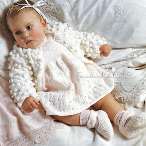Vintage Strickmuster Hübsches Baby Mädchen Strickjacke Öse Spitze Kleid Schuhe Set PDF Sofort Digitaler Download 0-18 m DK