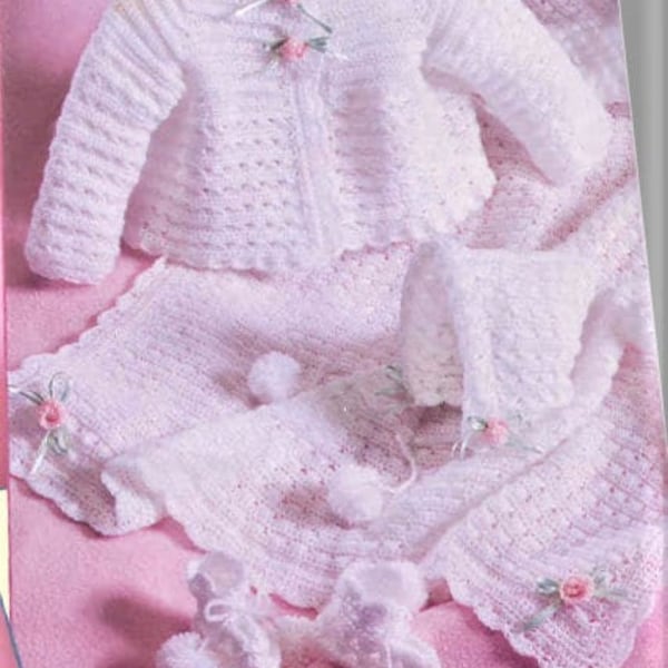 Vintage motif au crochet bébé filles petit chérubin rubans roses layette PDF téléchargement numérique instantané pull bonnet chaussons afghans 3-6 m 4 épaisseurs