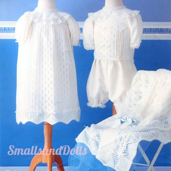 Patrón de punto vintage Lacy Baby Juego de bautizo de 3 piezas PDF Vestido Chal Manta y Top PDF Descarga digital instantánea 0-6m 3 capas 10 capas