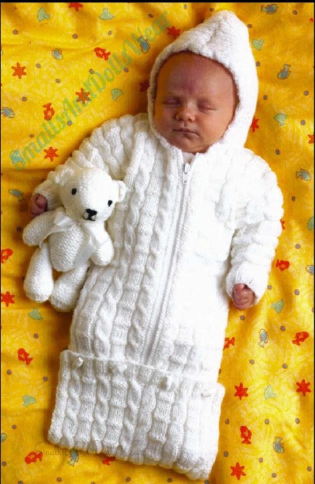 Vintage Knitting Pattern Preemie Newborn Baby Bunting Cable Knit