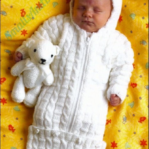 Vintage Knitting Pattern Preemie Newborn Baby Bunting Cable Knit Sleeping Bag with Hood PDF Instant Digital Download DK 8 Ply + Sweaters