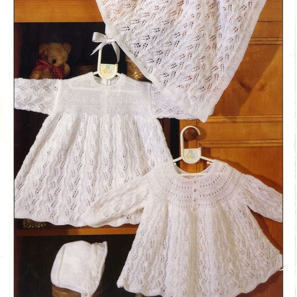 Vintage Strickmuster Baby Mädchen Spitze Weizenstrick 4 Teilig Set Matinee Mantel Kleid Mütze Decke PDF Sofort Digitaler Download 0-9m 2 Ply