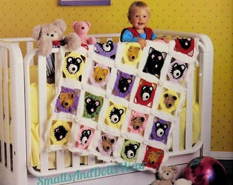 Vintage Crochet Pattern Sleepy Nosy Bears Squares Baby Afghan Animal Teddy Granny Square Blanket PDF Instant Digital Download 38x45 10 Ply