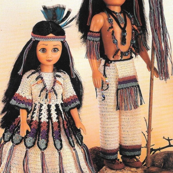 Patrones de ganchillo de hilo vintage Jefe indio y princesa muñeca II trajes de vestir para muñecas de moda de 15" PDF Descarga digital instantánea