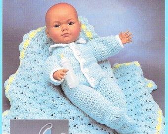 Vintage Crochet Pattern Complete Baby Doll Layette Set Clothing for 15" Doll PDF Instant Digital Download Sleeper PJs Blanket Hat Bib 10 Ply