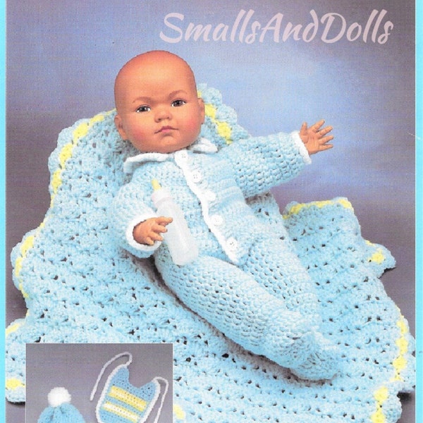 Vintage Crochet Pattern Complete Baby Doll Layette Set Clothing for 15" Doll PDF Instant Digital Download Sleeper PJs Blanket Hat Bib 10 Ply