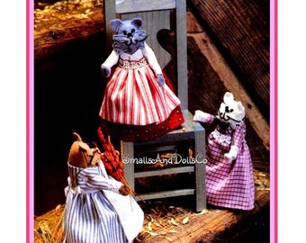 Patrón de costura vintage Mini 6" Gatitos campestres, muñecas de peluche, tela de fieltro, PDF, descarga digital instantánea