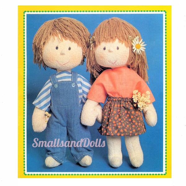 Vintage Sewing Pattern 13" Adorable Boy and Girl Soft Sculpture Toy Dolls PDF Instant Digital Download Cotton Pile Rag Dolls Yarn Hair