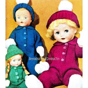 May include: Vintage doll pattern featuring three dolls in knitted outfits. The dolls wear matching hats with white pom-poms, and coordinated jumpsuits in blue, green, and magenta. The text "SmallsAndDollsCo" is visible.