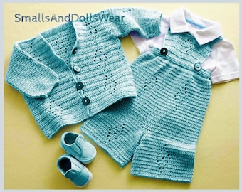 Vintage Crochet Pattern Baby Boy Dressy Diamond Bib Overalls Cardigan Jacket Set PDF Instant Digital Download 6-9 months 8 Ply