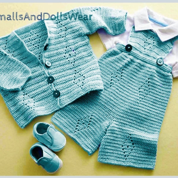 Vintage Crochet Pattern Baby Boy Dressy Diamond Bib Overalls Cardigan Jacket Set PDF Instant Digital Download 6-9 months 8 Ply