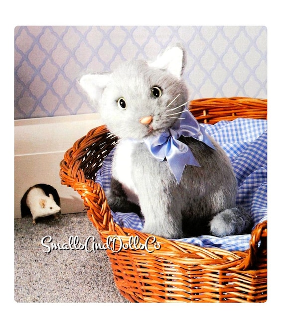 ファークラフト　猫　ぬいぐるみ ヴィンテージ縫製パターン 10インチ グレー子猫フェイクファー生地