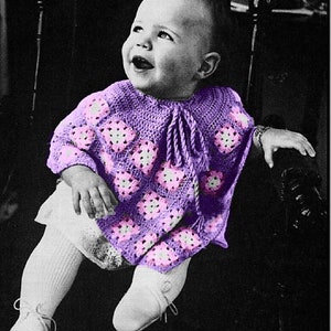 Vintage Crochet Pattern Baby Girl Tri-Color Granny Square Poncho PDF Instant Digital Download Flower Motif Cape 6m to 18m 5 Ply