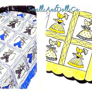 Könnte beinhalten: Ein Steppmuster mit zwei verschiedenen Designs: eines mit blau gekleideten Figuren, die Angelruten und Eimer halten, und eines mit gelb gekleideten Figuren, die Regenschirme halten. Der Text SmallsAndDollsCo ist oben im Bild deutlich zu sehen.