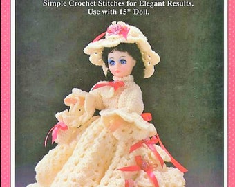 Vintage Crochet Pattern Southern Belle Feminine Outfit for 15 Inch Fashion Dolls Constance Dress Hat PDF Instant Digital Download 10 Ply