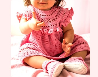 Vintage Crochet Pattern Baby Girl Ruffled Yoke Dress and Bootie Shoes Set Lacy Openwork PDF Instant Digital Download 6m - 12m