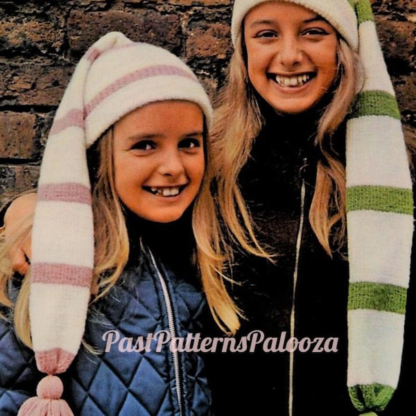 Vintage Knitting Pattern Childs Girls Long Striped Stocking Cap Hat PDF Instant Digital Download Quick Easy Retro Scarf-Hat 4 Ply