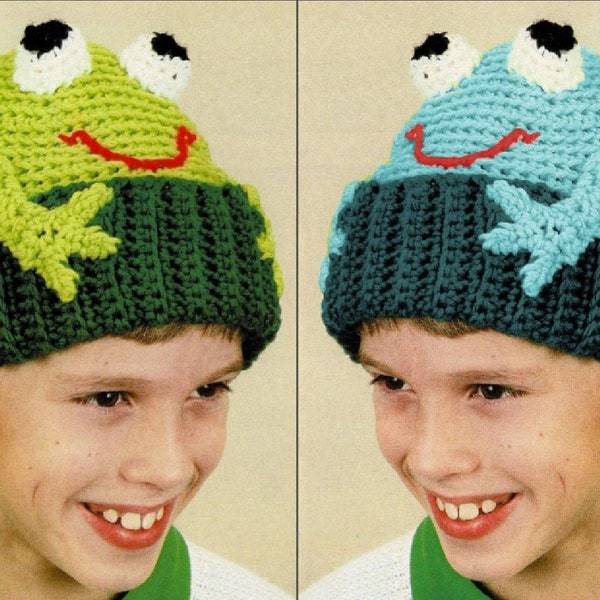 Vintage Crochet Pattern Kids Frog Beanie Hat PDF Instant Digital Download Fun Novelty Crochet Animal Hat 4 Ply