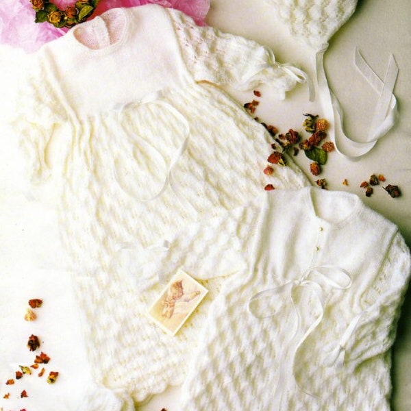Vintage Knitting Pattern Baby Girl Diamond Waffle Christening Layette Set Gown Coat Bonnet Booties PDF Instant Digital Download 0-12m 3 Ply