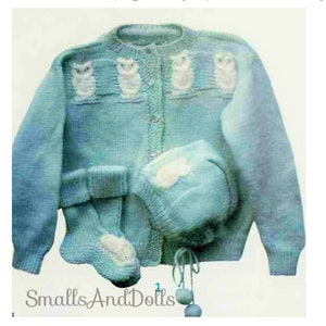 Vintage Knitting Pattern Baby Owl Cardigan Sweater Hat Booties Set PDF Instant Digital Download 6-12 m 4 Ply