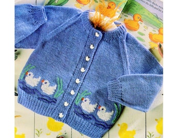 Vintage Knitting Pattern Baby Toddlers Duck Motif Cardigan Sweater PDF Instant Digital Download Animal Jumper 18m - 6 yrs DK 8 Ply