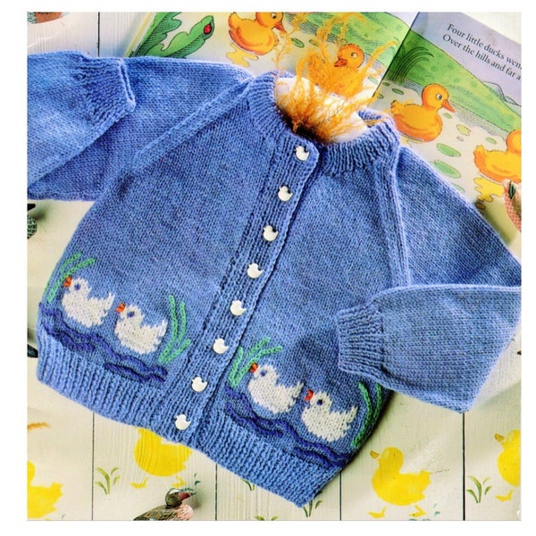 Vintage Knitting Pattern Baby Toddlers Duck Motif Cardigan Sweater PDF Instant Digital Download Animal Jumper 18m - 6 yrs DK 8 Ply