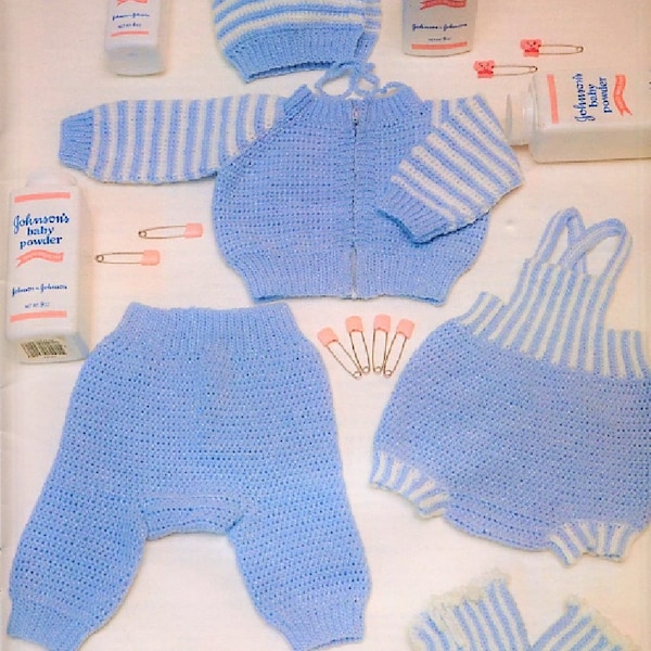 Vintage Crochet Pattern Baby Boy Blue Striped 5 piece Play Set PDF Instant Digital Download Jacket Rompers Pants Hat Booties 5 Ply 0-6m