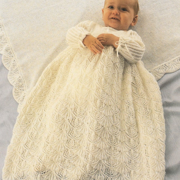 Vintage-Strickmuster für Babymädchen, langes Erbstück, Taufkleid, Kleid und Schal-Set, PDF, sofortiger digitaler Download, Taufe, 0–6 Monate, 3-lagig