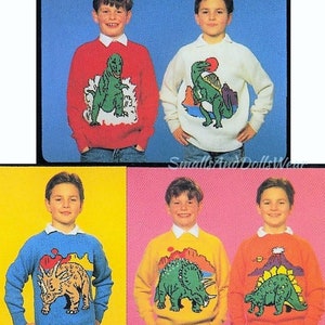 Vintage Knitting Pattern Boys to Mens Knit Dinosaur Sweaters PDF Instant Digital Download Intarsia Pullover Jumpers 4 Years and Up 4 Ply