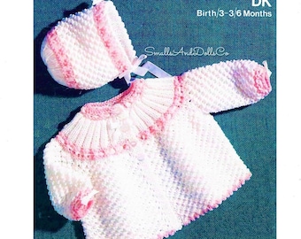 Vintage Knitting Pattern Baby Girl Pretty Matinee Coat Bonnet Set Open Star Waffle Design PDF Instant Digital Download 0-6 yrs DK