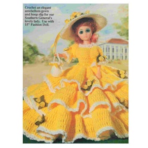 Vintage Crochet Pattern Southern Belle Antebellum Outfit For an 15 inch Doll PDF Instant Digital Download  Dress Hat Handbag 80s Bed Doll